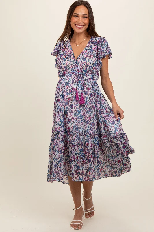 Maternity bras suitable for women with different cup sizes and support during breastfeeding-Blue Floral Chiffon Flutter Sleeve Ruffle Hem Maternity Midi Dress
