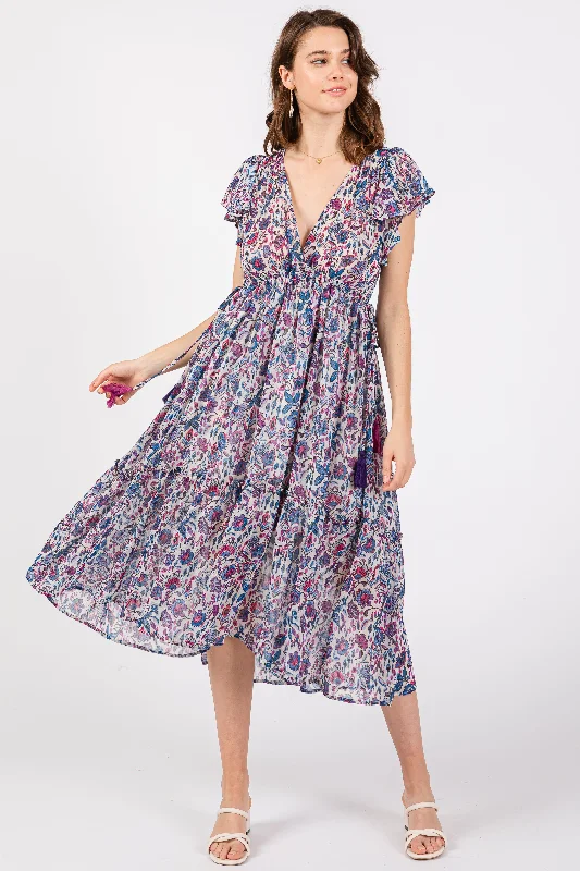 Maternity bras that are recommended by lactation consultants and breastfeeding experts during breastfeeding-Blue Floral Chiffon Flutter Sleeve Ruffle Hem Midi Dress Maternity bras that are recommended by lactation consultants and breastfeeding experts during breastfeeding-Blue Floral Chiffon Flutter Sleeve Ruffle Hem Midi Dress