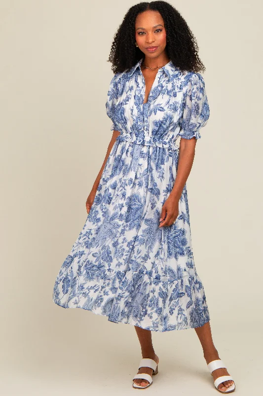 Maternity bras suitable for women with sensitive skin and allergies during postpartum recovery and breastfeeding-Blue Floral Ruffle Accent Button Up Midi Dress