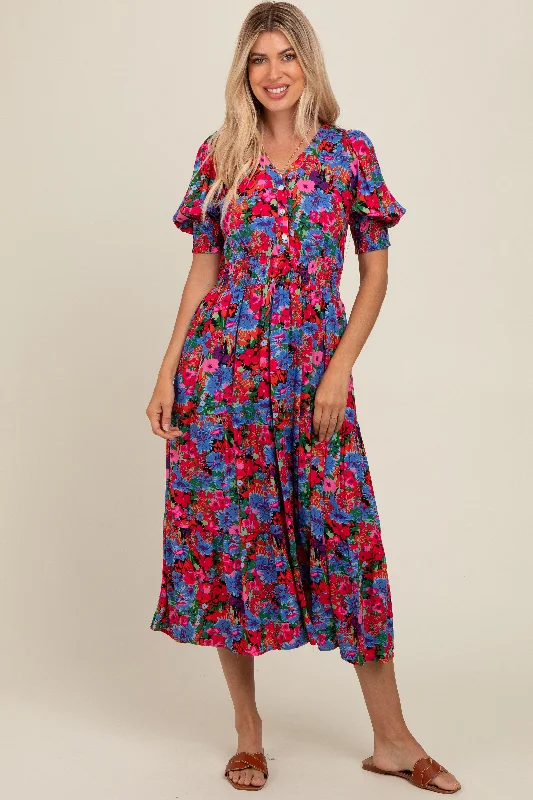 Maternity bras with a focus on comfort during air travel and flights-Blue Floral Smocked Waist Midi Dress