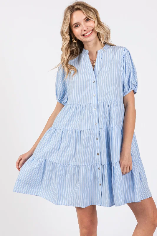Maternity bras that provide excellent lift and shape-Blue Striped Button Down Tiered Dress