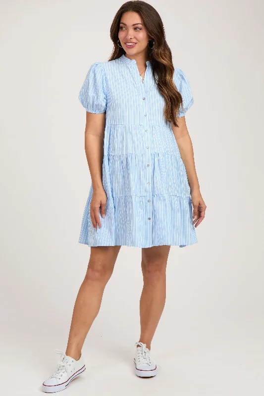 Nursing bras with a focus on eco-friendly packaging and production-Blue Striped Button Down Tiered Maternity Dress Nursing bras with a focus on eco-friendly packaging and production-Blue Striped Button Down Tiered Maternity Dress