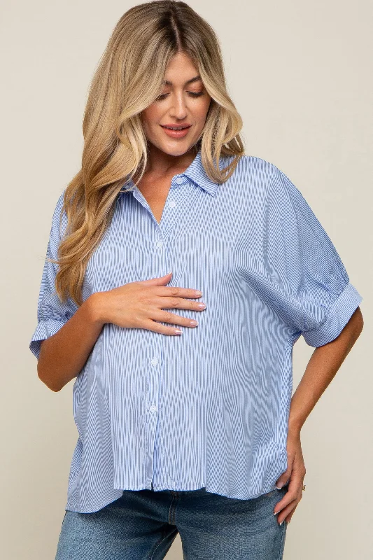 Maternity bras that are recommended by lactation consultants and breastfeeding experts during breastfeeding-Blue Striped Button Front Collared Short Sleeve Maternity Top Maternity bras that are recommended by lactation consultants and breastfeeding experts during breastfeeding-Blue Striped Button Front Collared Short Sleeve Maternity Top