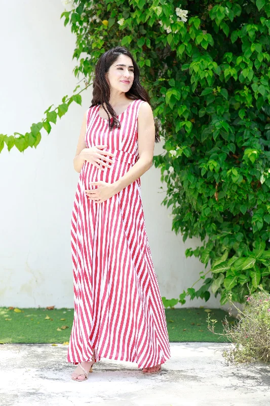 Nursing bras with a focus on eco-friendly packaging and production-Breezy Red Striped Maternity & Nursing Long Maxi