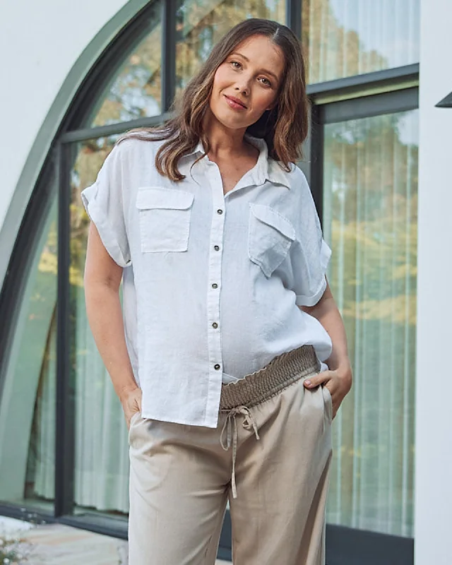Maternity bras designed for women with sensitive breasts during postpartum recovery and breastfeeding-Brooke Maternity Short Sleeve Cargo Linen Shirt - White Maternity bras designed for women with sensitive breasts during postpartum recovery and breastfeeding-Brooke Maternity Short Sleeve Cargo Linen Shirt - White