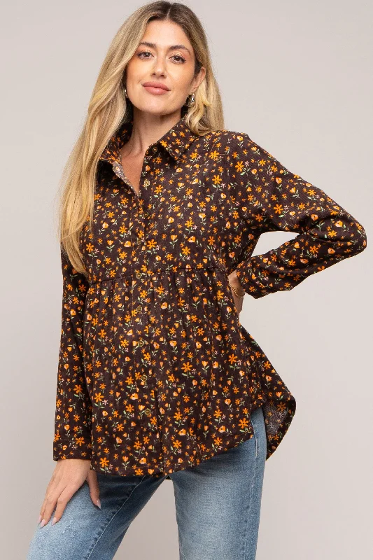 Nursing bras with a focus on flexibility and adjustability during postpartum changes and weight loss during breastfeeding-Brown Floral Corduroy Maternity Button Up Top Nursing bras with a focus on flexibility and adjustability during postpartum changes and weight loss during breastfeeding-Brown Floral Corduroy Maternity Button Up Top
