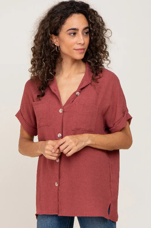 Soft cup nursing bras for gentle support-Burgundy Collared Button-Down Short Sleeve Blouse