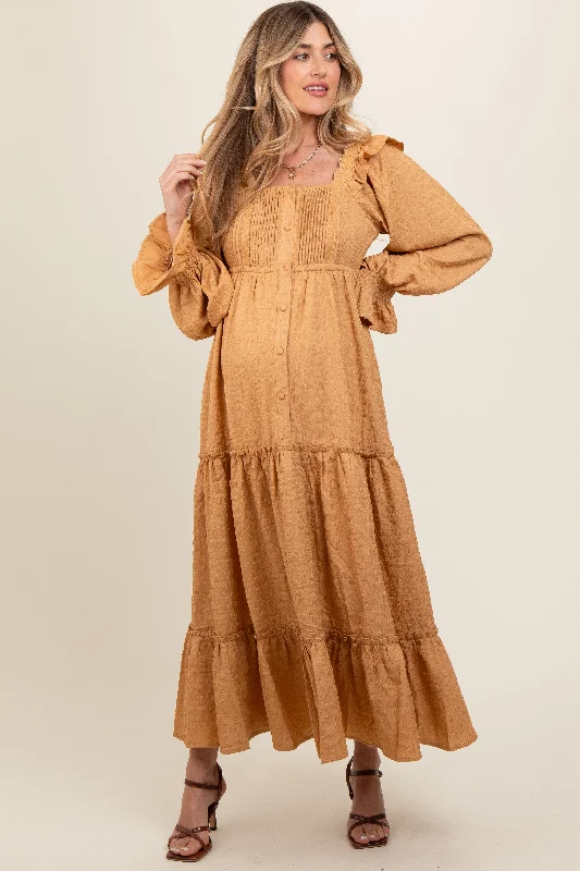 Maternity bras designed for women with larger breasts and extra lift-Camel Button Pleated Front Square Neck Ruffle Tiered Maternity Maxi Dress