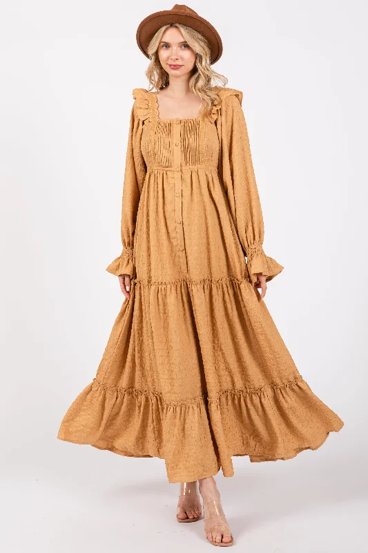 Nursing bras with a focus on style and fashion for special occasions and events during breastfeeding-Camel Button Pleated Front Square Neck Ruffle Tiered Maxi Dress Nursing bras with a focus on style and fashion for special occasions and events during breastfeeding-Camel Button Pleated Front Square Neck Ruffle Tiered Maxi Dress