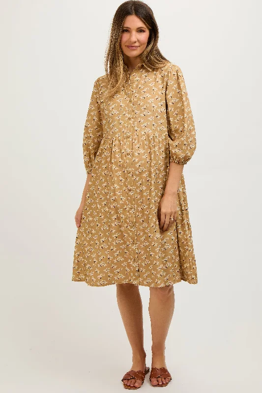 Maternity bras designed for women with sensitive nipples and support during postpartum recovery and breastfeeding-Camel Floral Button Front 3/4 Sleeve Maternity Dress Maternity bras designed for women with sensitive nipples and support during postpartum recovery and breastfeeding-Camel Floral Button Front 3/4 Sleeve Maternity Dress
