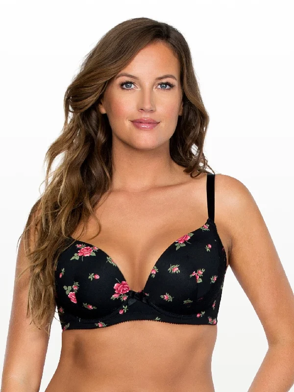 Sports bras for gym workouts-Casey Plunge Molded Bra - Black w Rose Print - 2801