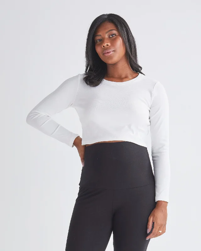 Maternity bras designed for women with different body types and shapes during postpartum recovery and breastfeeding-Celia Maternity Long Sleeve Cotton Crop Tee - White