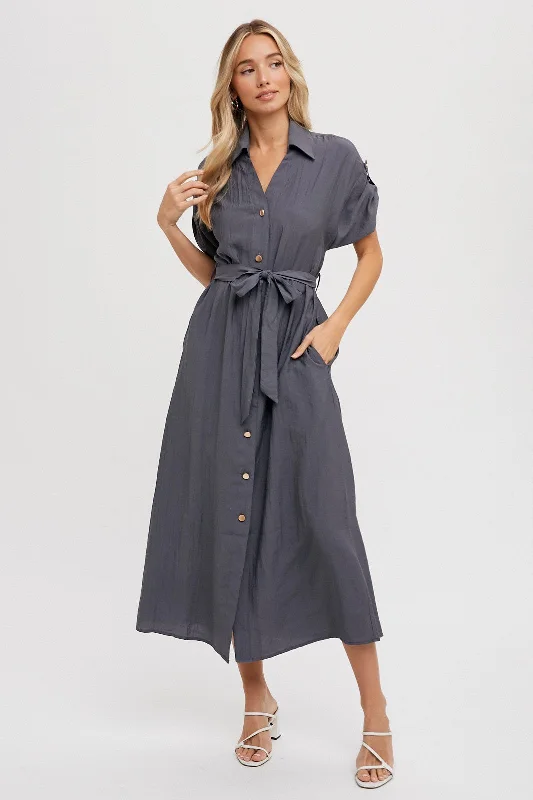 Maternity bras suitable for women with different body types and shapes-Charcoal Button Front Belted Short Sleeve Midi Dress Maternity bras suitable for women with different body types and shapes-Charcoal Button Front Belted Short Sleeve Midi Dress