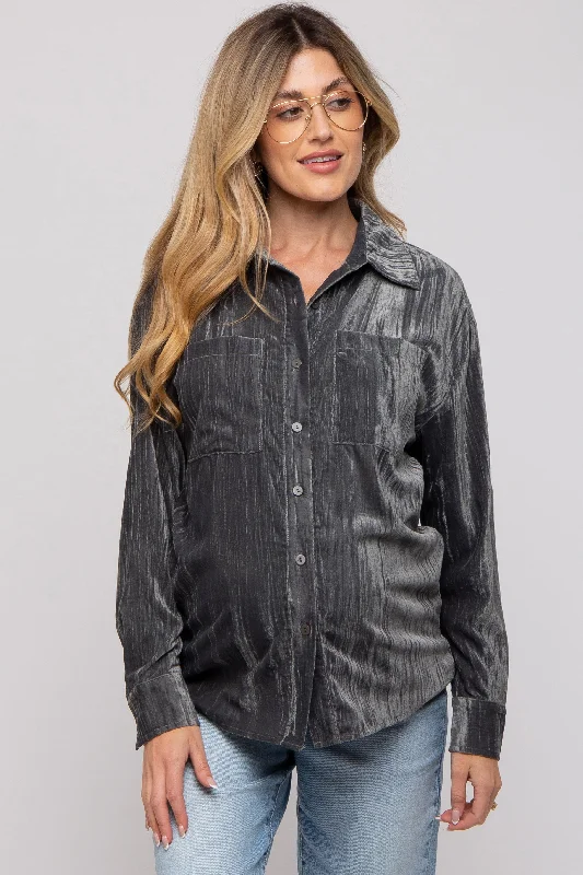 Nursing bras with a scoop neckline for style-Charcoal Button Up Velvet Maternity Top Nursing bras with a scoop neckline for style-Charcoal Button Up Velvet Maternity Top