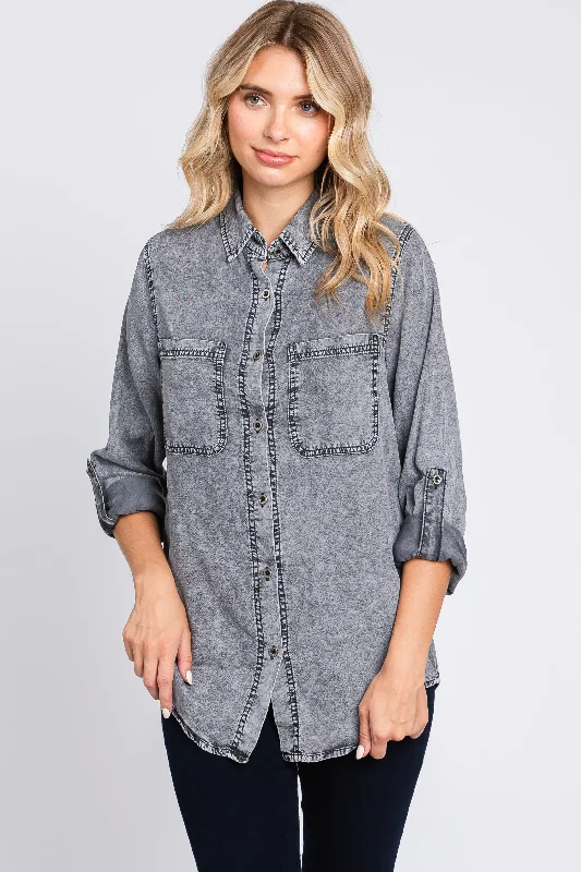 Nursing bras with a focus on ease of use for first-time breastfeeding mothers and new mothers during breastfeeding-Charcoal Chambray Rolled Cuff Shirt