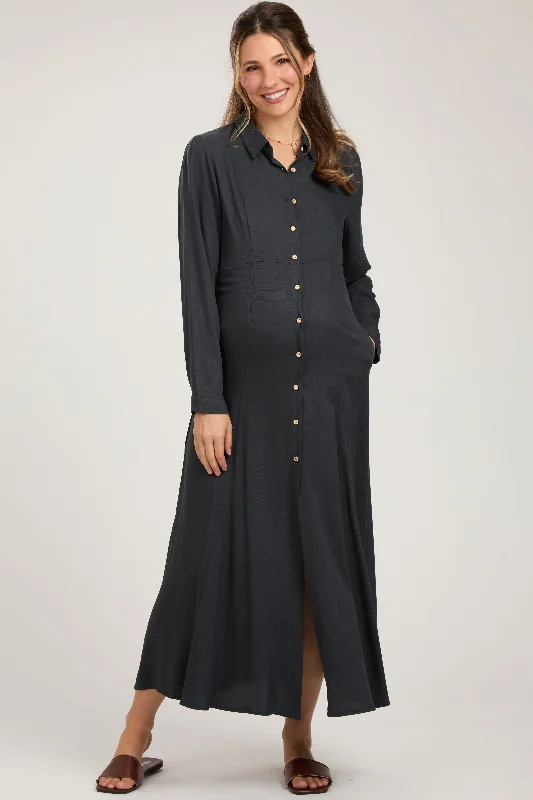 Maternity bras that provide excellent lift and shape-Charcoal Collared Button Down Long Sleeve Maternity Maxi Dress