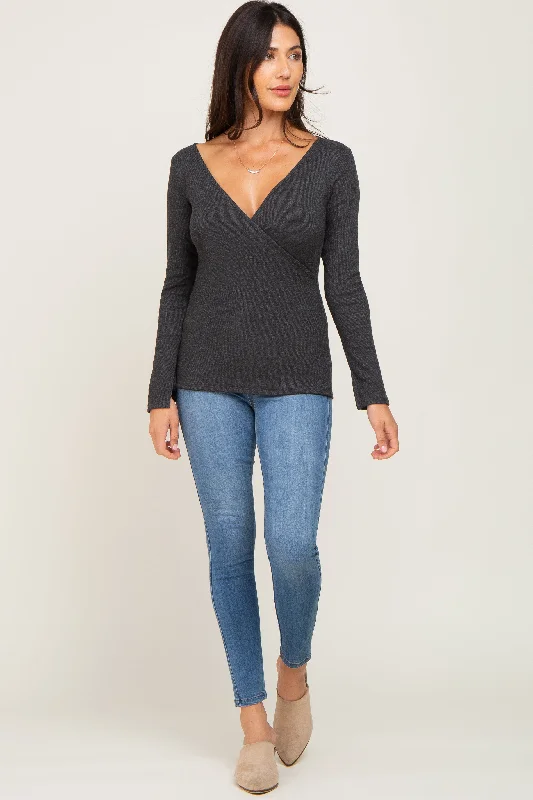 Nursing bras with a focus on support and stability during exercise and workouts during breastfeeding-Charcoal Ribbed Long Sleeve Wrap Nursing Top Nursing bras with a focus on support and stability during exercise and workouts during breastfeeding-Charcoal Ribbed Long Sleeve Wrap Nursing Top