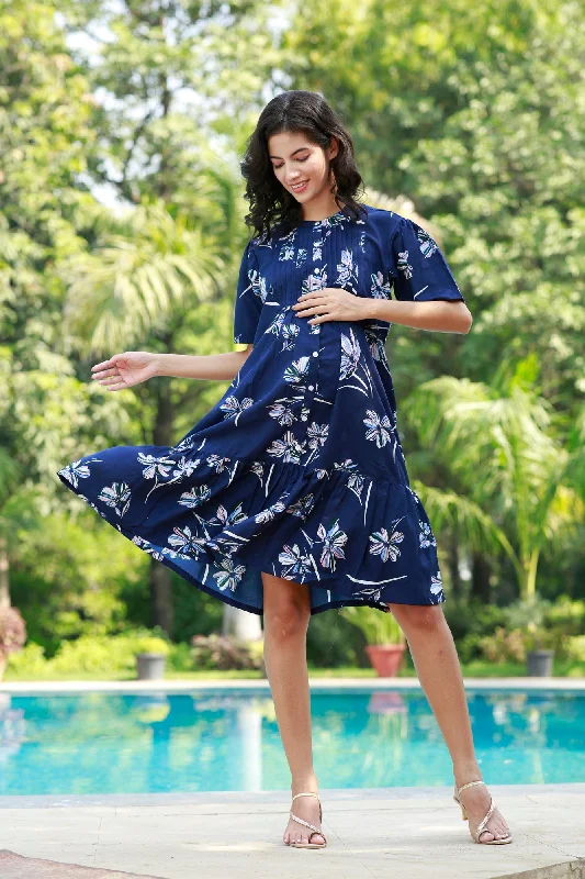Maternity bras that are designed for women with back pain and support during postpartum recovery and breastfeeding-Charming Navy Floral Punch Maternity & Nursing Pintucks Frill Shirt Dress Maternity bras that are designed for women with back pain and support during postpartum recovery and breastfeeding-Charming Navy Floral Punch Maternity & Nursing Pintucks Frill Shirt Dress