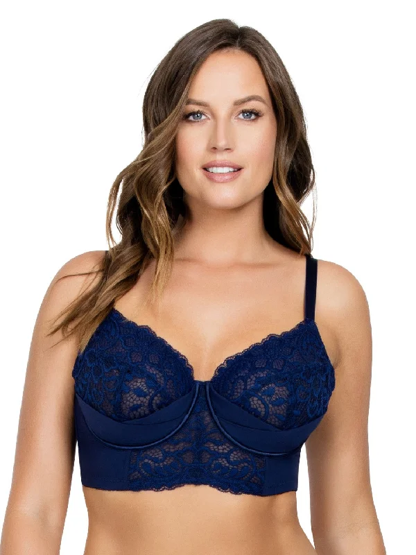 Plus-size bras with full support-Cora Unlined Longline Bra - Navy Blue - P5632