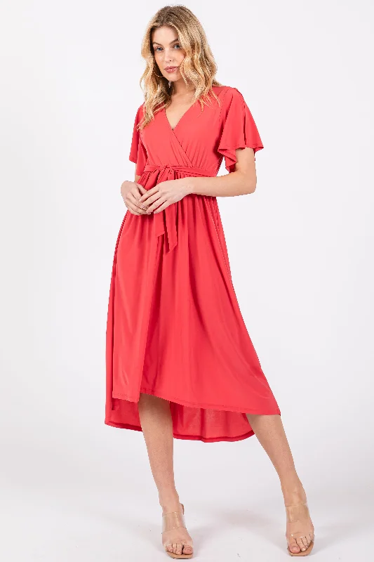 Maternity bras suitable for women with different body shapes and sizes-Coral Flutter Sleeve Waist Tie Nursing Dress