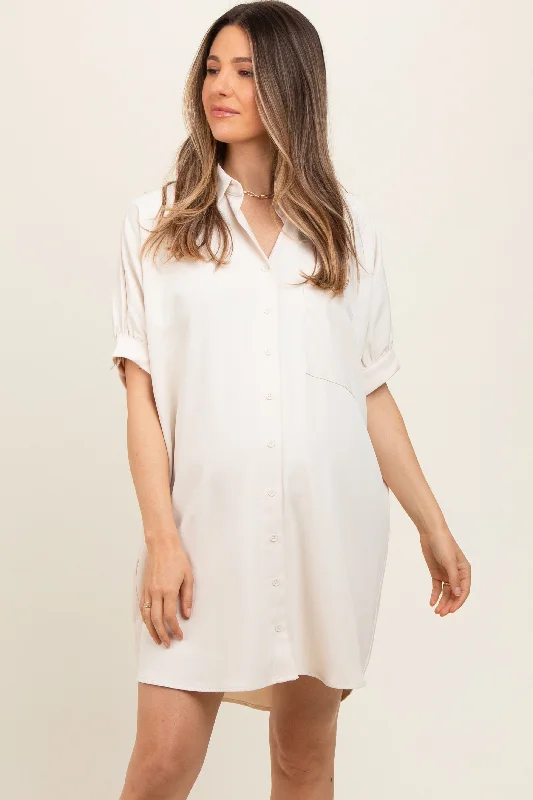 Maternity bras designed for women with sensitive breasts during pregnancy-Cream Collared Button Down Maternity Shirt Dress