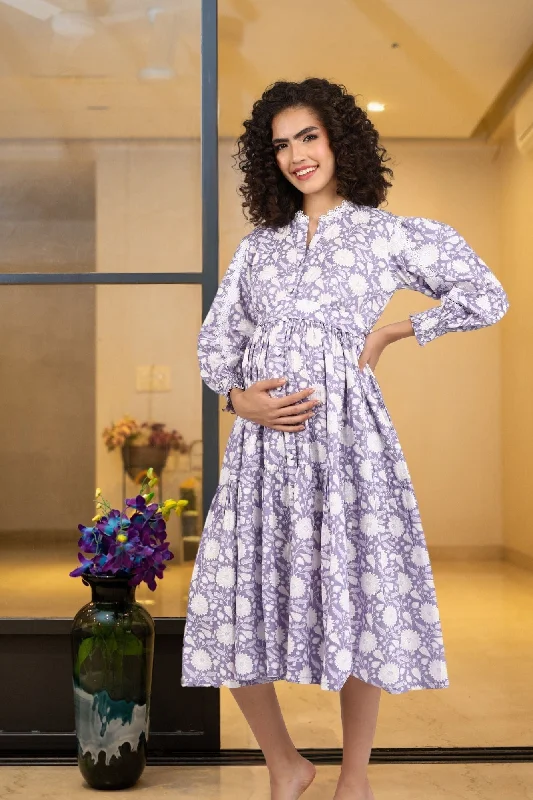 Nursing bras with a focus on ease of use for mothers with newborns and sleep deprivation during breastfeeding-Dewberry Floral Maternity & Nursing Gathered Dress (100% Cotton)