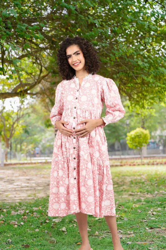 Maternity bras suitable for women with different cup sizes and support during breastfeeding-Dusty Flamingo Maternity & Nursing Gathered Dress (100% Cotton) Maternity bras suitable for women with different cup sizes and support during breastfeeding-Dusty Flamingo Maternity & Nursing Gathered Dress (100% Cotton)