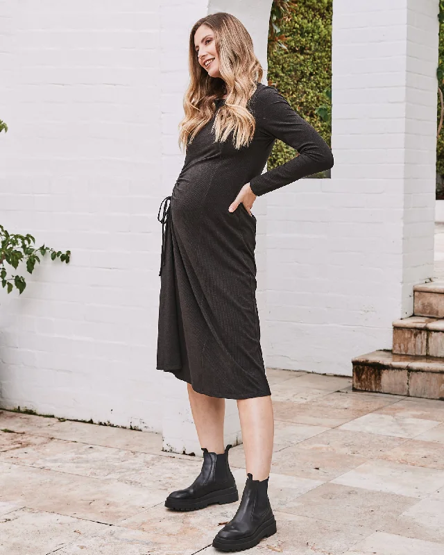 Maternity bras that are easy to put on and take off-Eloise Maternity Waffle Knit Dress in Charcoal