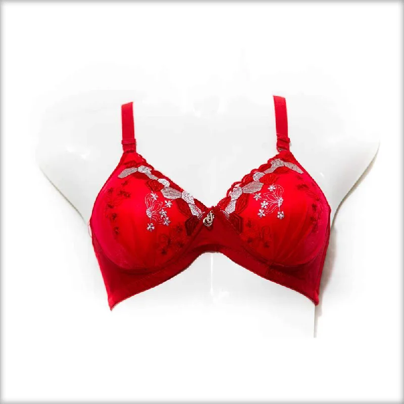 Wireless bras with a focus on comfort during holistic wellness practices-Embroidered Single Padded Red Bra Wireless bras with a focus on comfort during holistic wellness practices-Embroidered Single Padded Red Bra