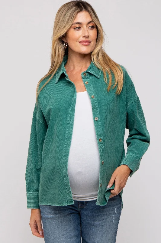 Nursing bras with a convertible design for versatility-Emerald Green Corduroy Button Up Maternity Top