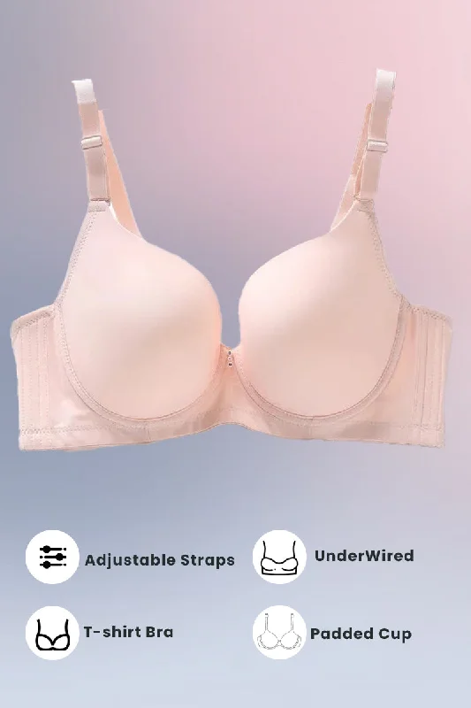 Lacy push-up bras for extra volume-Espico Pink Padded Wired T-Shirt Bra - Skin