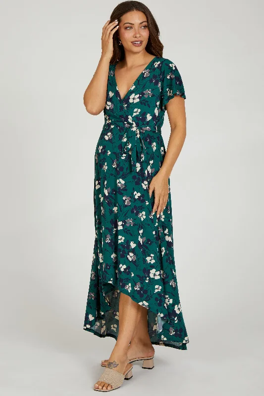 Maternity bras designed for women with sensitive nipples and support during postpartum recovery and breastfeeding-Forest Green Floral Wrap Front V-Neck Hi-Low Maternity Midi Dress