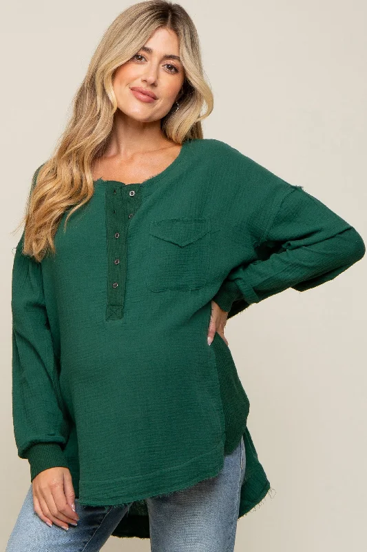 Nursing bras with a focus on style and fashion for special occasions and events during breastfeeding-Forest Green Lightweight Button Front Maternity Tunic Top