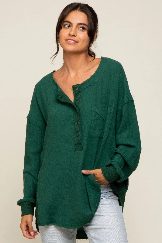 Maternity bras that are compatible with breast pumps-Forest Green Lightweight Button Front Tunic Top