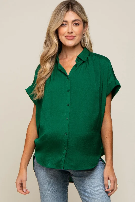 Maternity bras that are compatible with breast shields and nursing pads-Forest Green Satin Button Front Collared Short Sleeve Maternity Top Maternity bras that are compatible with breast shields and nursing pads-Forest Green Satin Button Front Collared Short Sleeve Maternity Top