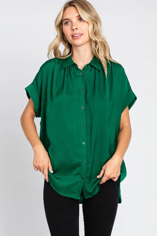 Nursing bras with a focus on ease of use for first-time breastfeeding mothers and new mothers during breastfeeding-Forest Green Satin Button Front Collared Short Sleeve Top