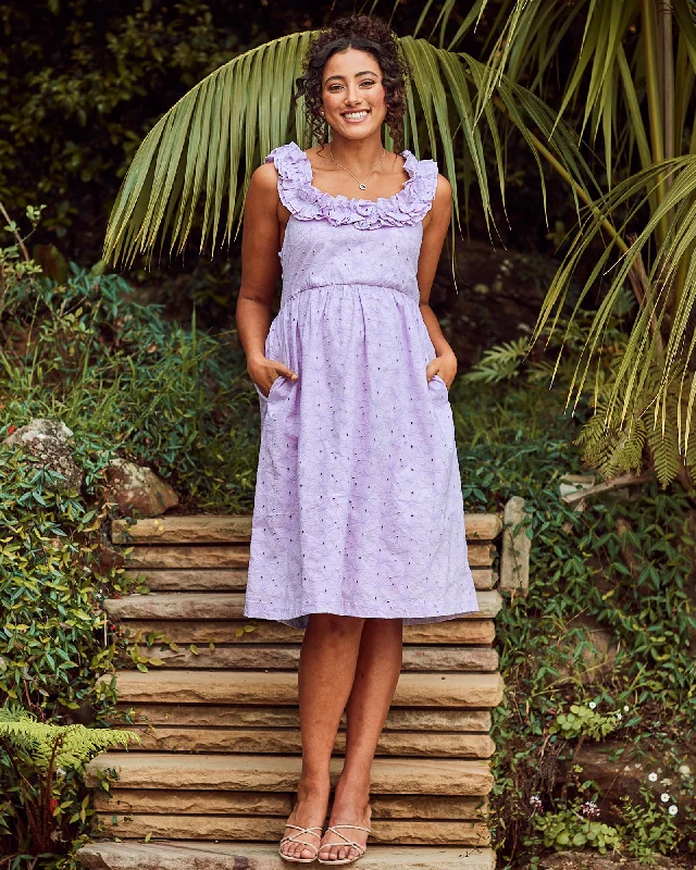 Nursing bras with a focus on comfort during hot summer days and outdoor activities with a baby during breastfeeding-Natalie Maternity Ruffled Neckline Eyelet Dress in Lilac Nursing bras with a focus on comfort during hot summer days and outdoor activities with a baby during breastfeeding-Natalie Maternity Ruffled Neckline Eyelet Dress in Lilac
