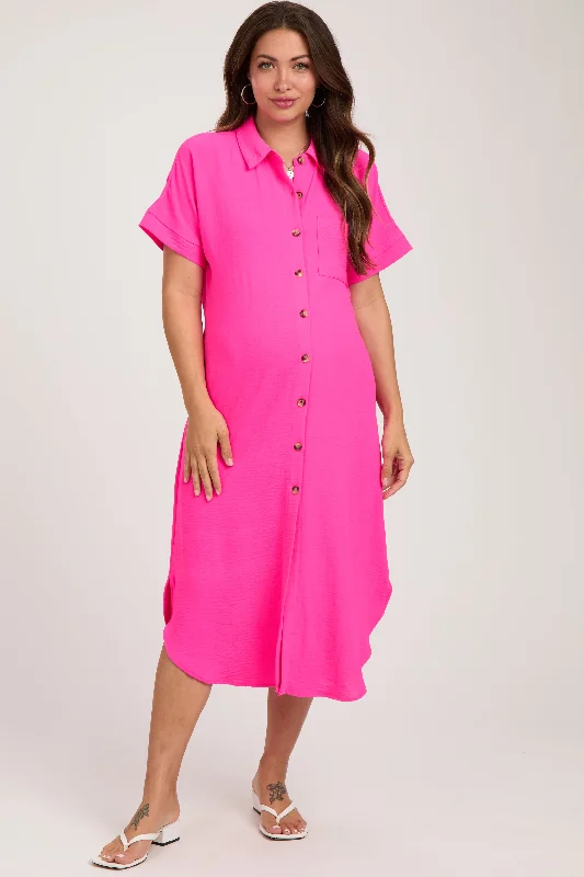 Maternity bras designed for women with different body types and shapes during postpartum recovery and breastfeeding-Fuchsia Button Down Front Pocket Maternity Midi Dress