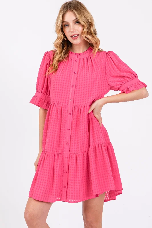 Maternity bras with a seamless design for discretion-Fuchsia Buttoned Down Short Sleeve Dress