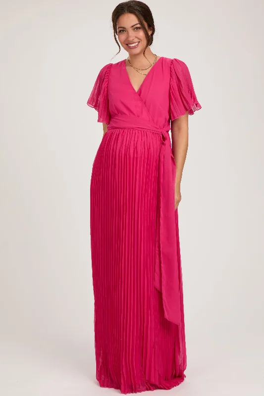 Maternity bras designed for women with sensitive nipples and support during postpartum recovery and breastfeeding-Fuchsia Chiffon Wrap Front V-Neck Short Sleeve Pleated Maternity Maxi Dress