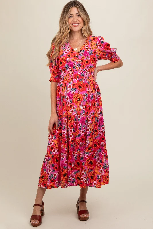 Nursing bras with a focus on support and stability during exercise and workouts during breastfeeding-Fuchsia Floral Button Front Smocked Waist Tiered Maternity Midi Dress