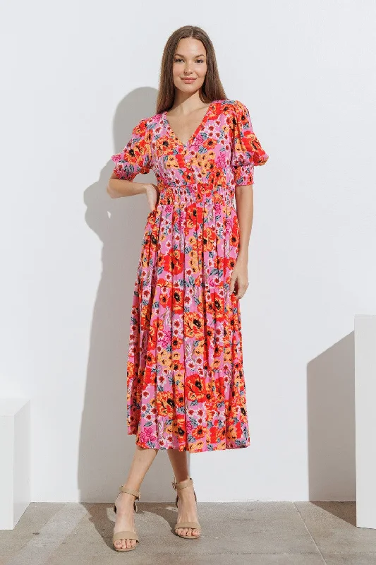 Nursing bras with a focus on comfort during long walks and strolls with a stroller during breastfeeding-Fuchsia Floral Button Front Smocked Waist Tiered Midi Dress Nursing bras with a focus on comfort during long walks and strolls with a stroller during breastfeeding-Fuchsia Floral Button Front Smocked Waist Tiered Midi Dress