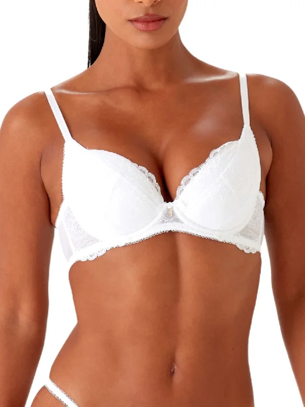 Women's bras for postpartum support-Superboost Lace Padded Plunge Bra - White