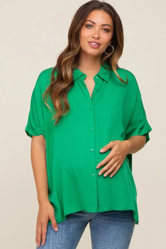 Nursing bras with a focus on flexibility and adjustability during postpartum changes-Green Button Up Dolman Short Sleeve Maternity Top