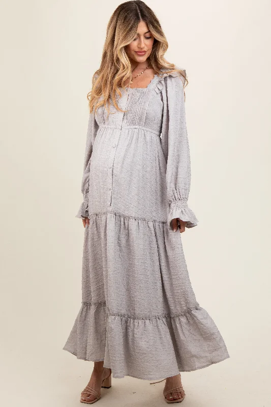 Maternity bras that are compatible with breastfeeding pillows and accessories-Grey Button Pleated Front Square Neck Ruffle Tiered Maternity Maxi Dress