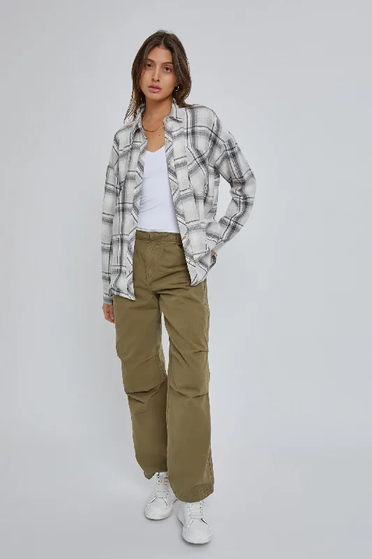 Nursing bras with a focus on ease of use for mothers with newborns and sleep deprivation during breastfeeding-Grey Flannel Plaid Button Up Top