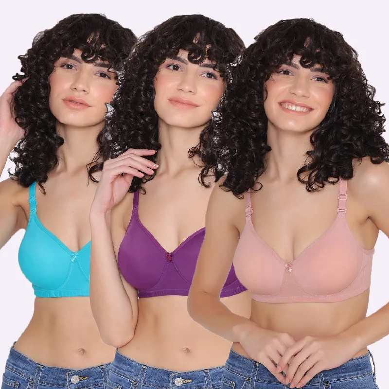 High support bras for active women-Women's Padded and Non Wired Full Coverage T-Shirt Bra (Pack of 3)-LILY