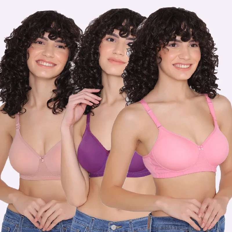 No-show bras for tight-fitting clothes-Women's Padded and Non Wired Full Coverage T-Shirt Bra (Pack of 3)-LILY