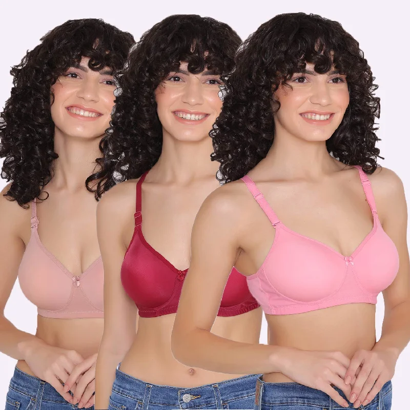 Wireless bras for large busts-Women's Padded and Non Wired Full Coverage T-Shirt Bra (Pack of 3)-LILY Wireless bras for large busts-Women's Padded and Non Wired Full Coverage T-Shirt Bra (Pack of 3)-LILY