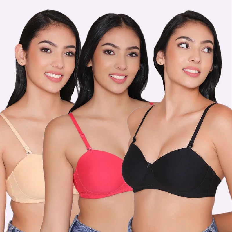 Everyday bras for women on-the-go-Women Lightly Padded Non Wired Tshirt Bra (Pack of 3) Everyday bras for women on-the-go-Women Lightly Padded Non Wired Tshirt Bra (Pack of 3)